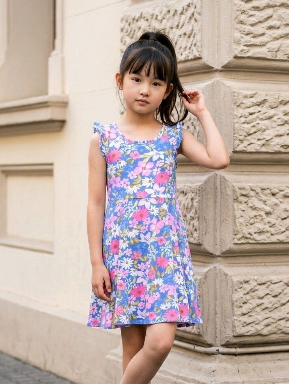 Jumping Beans Floral Dress 3T Blue Pink Twirl Flutter Sleeve Soft Knit Everyday